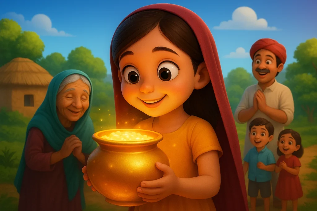 दयालुता का फल – गरीब लड़की और जादुई हांडी की कहानी – Reward of Kindness – Story of the Poor Girl and the Magic Pot. Hindi bedtime story